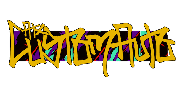 Yellow graffiti-style lettering with colorful shapes